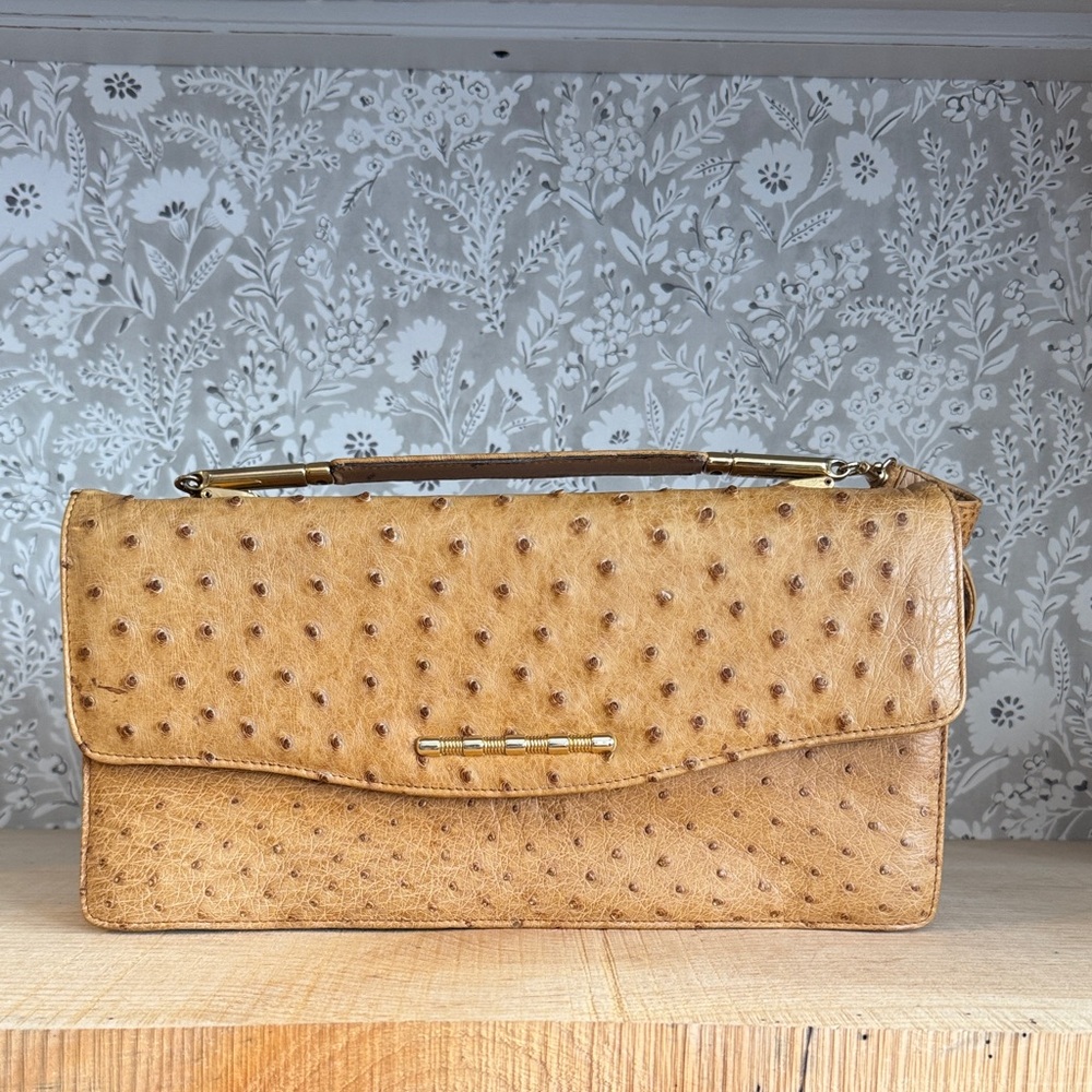 Chic Ostrich Leather Tan Clutch